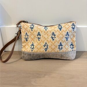 ANNGOTI Women's Wristlet Clutch Slim Wallet Bag in Canvas & Cowhide Leather